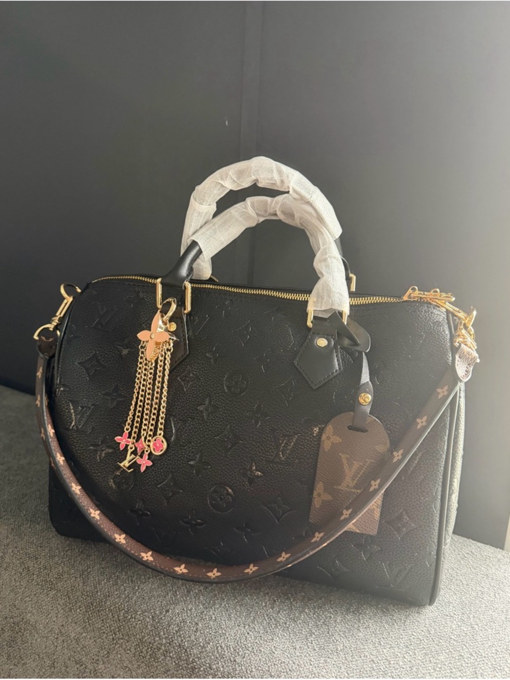 Louis Vuitton Black Monogram Embossed Satchel with Brown Monogram Strap